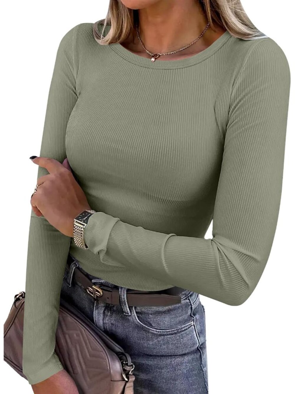 Women Long Sleeve Shirts Ribbed Fitted Tops
